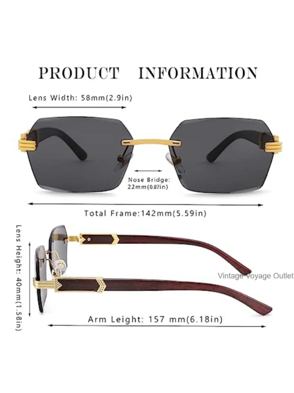 Rimless Rectangle Sunglasses Ret Y2K UV400 Lightweight Unisex Shades